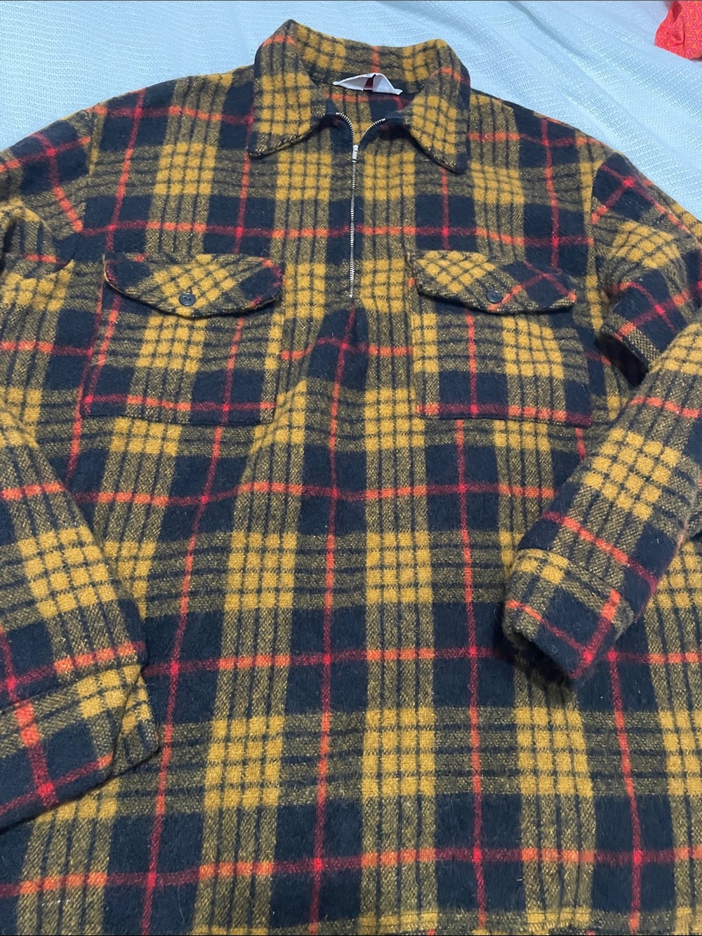 Vintage Yellow Black Red Plaid Wool Zip-Front Shirt Jacket